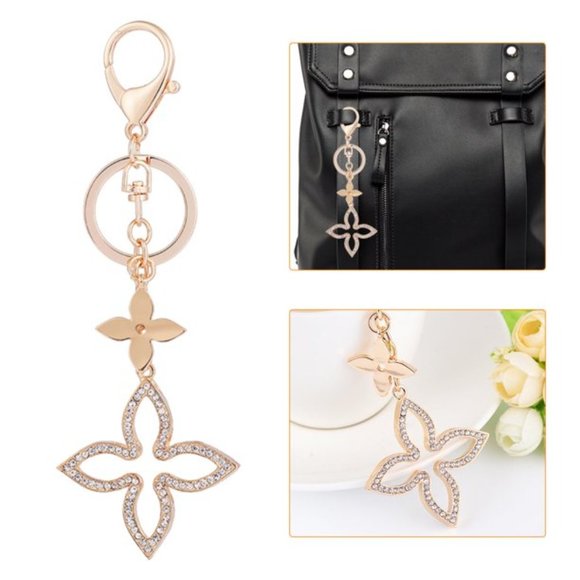 NWT Rhinestone Crystal Purse Charm Key Ring Chain Star Fleur di Lis LV Gold Bag - Picture 1 of 9